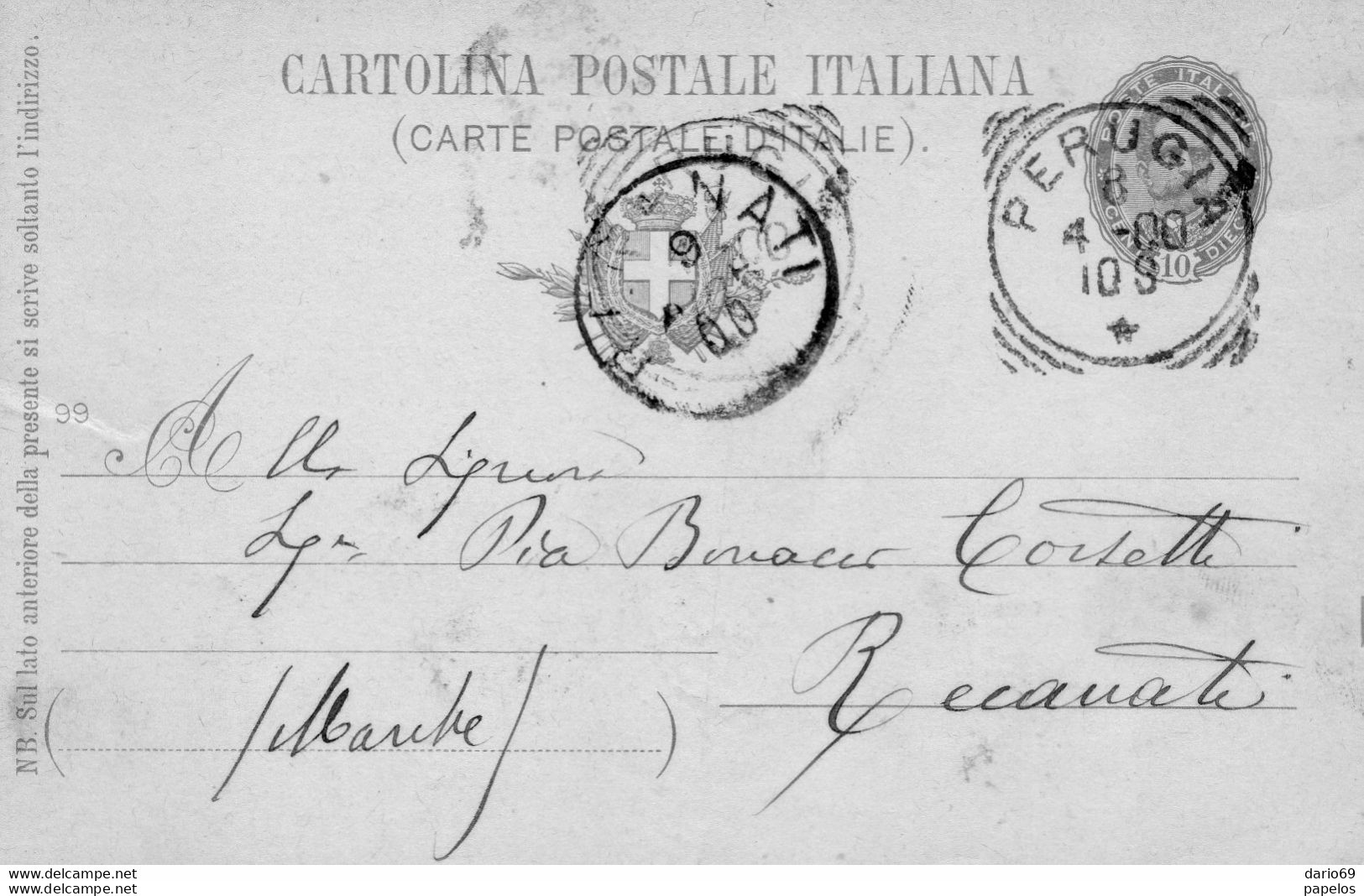 1900 CARTOLINA CON ANNULLO RECANATI + PERUGIA - Stamped Stationery