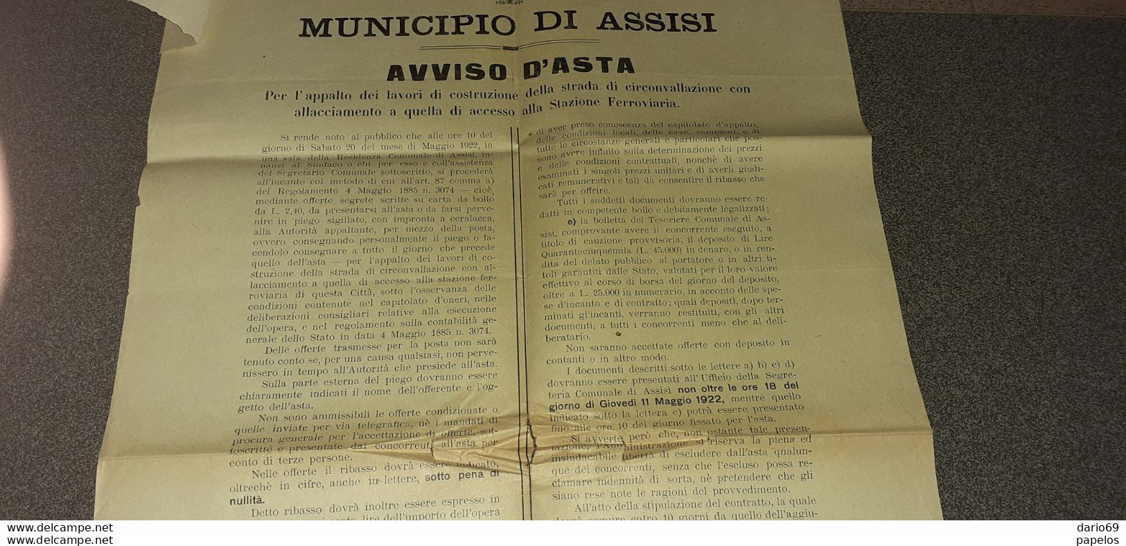 1922 ASSISI AVVISO D'ASTA - Documenti Storici