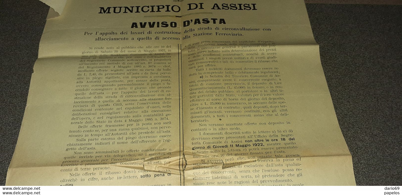 1922 ASSISI AVVISO D'ASTA - Historical Documents