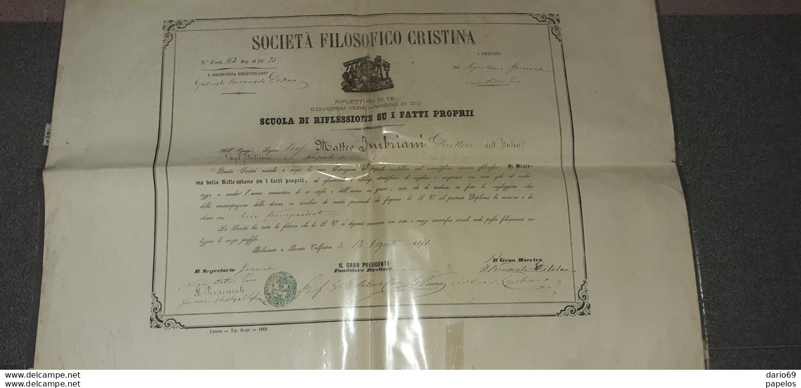 1867 SOCIETA' FILOSOFICO CRISTINA - SCUOLA DI RIFLESSIONE SU I FATTI PROPRI - Documents Historiques