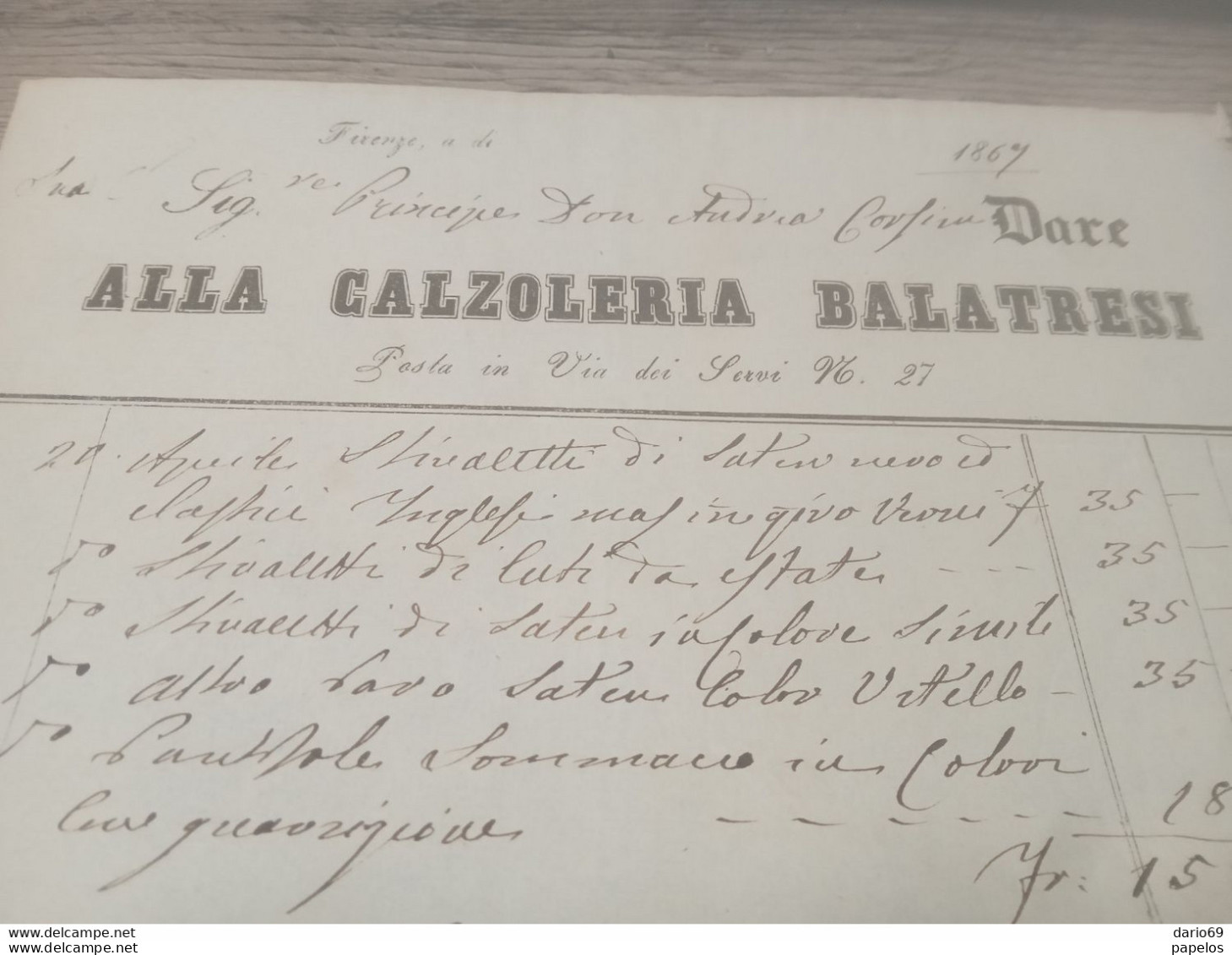 1867 FIRENZE  FATTURA  CALZOLERIA BALATRESI - Italy