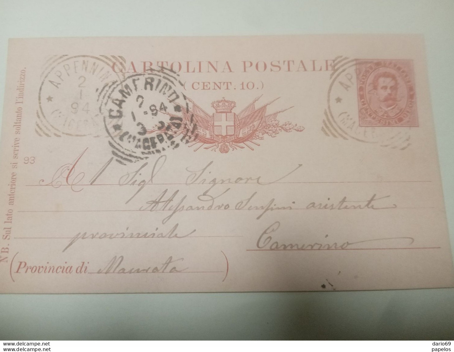 1894 CARTOLINA CON ANNULLO APPENNINO MACERATA - Stamped Stationery