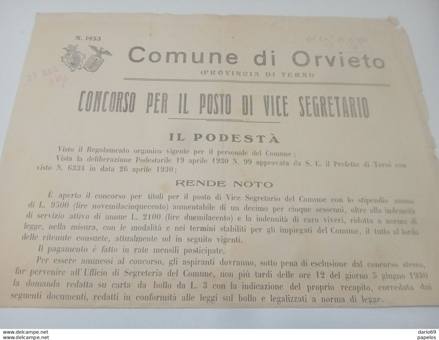 1930 COMUNE DI  ORVIETO  CONCORSO PER IL POSTO DI VICE SEGRETARIO - Documents Historiques