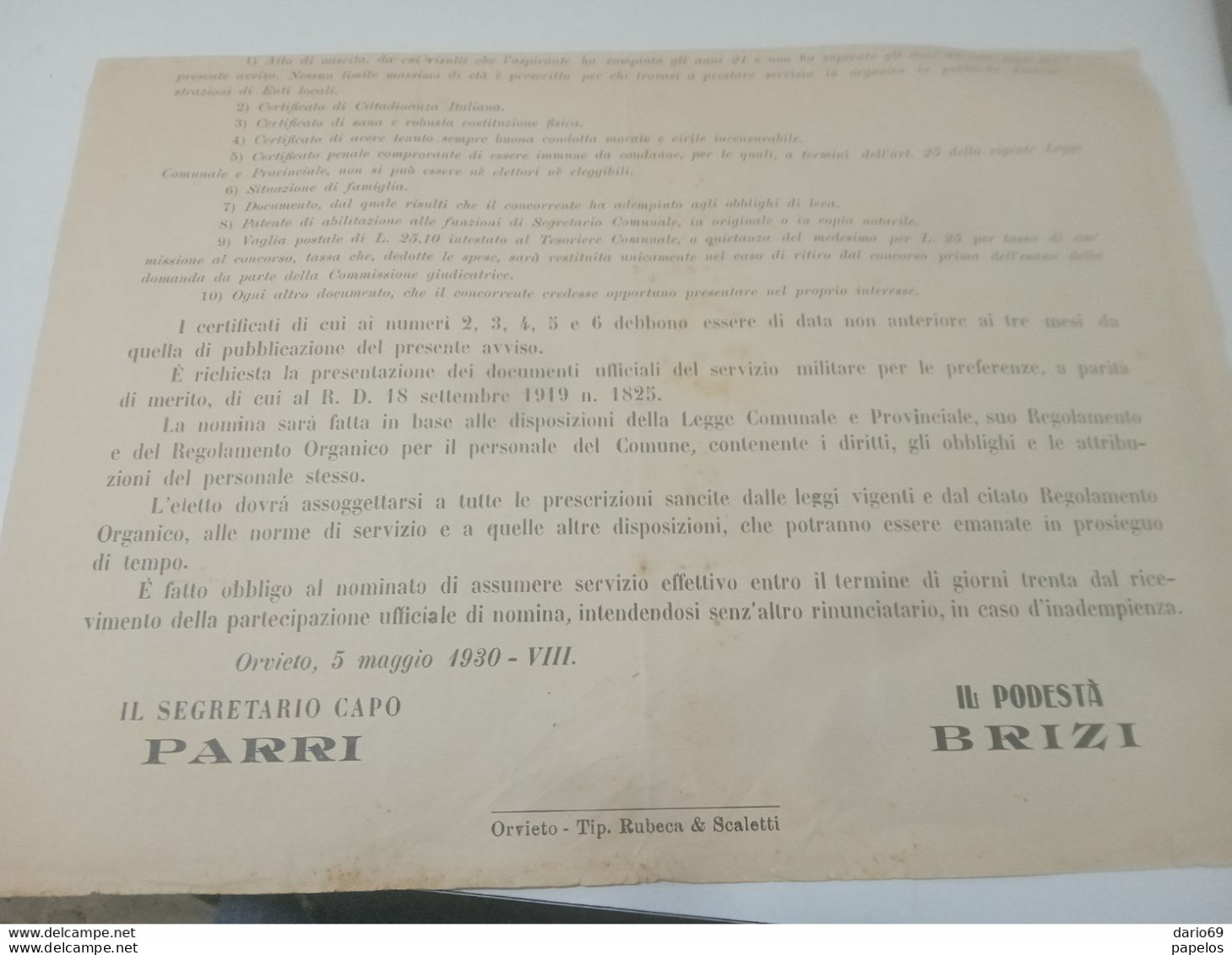 1930 COMUNE DI  ORVIETO  CONCORSO PER IL POSTO DI VICE SEGRETARIO - Documents Historiques