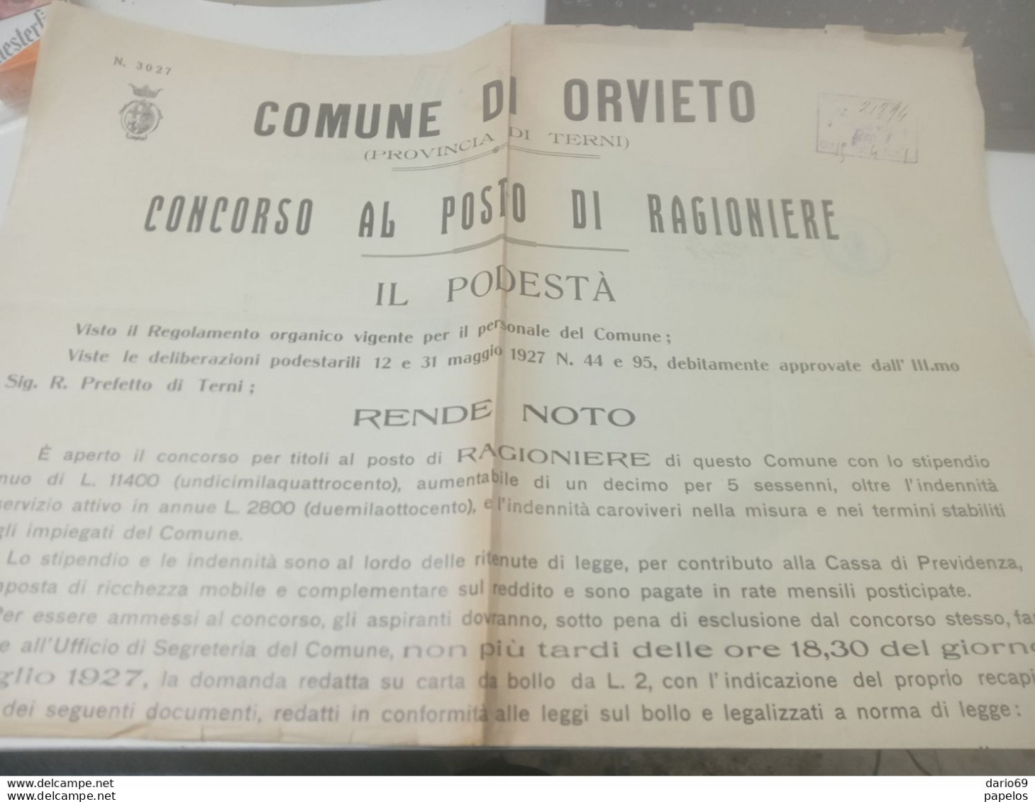 1927 COMUNE DI  ORVIETO CONCORSO AL POSTO DI RAGIONIERE - Documents Historiques