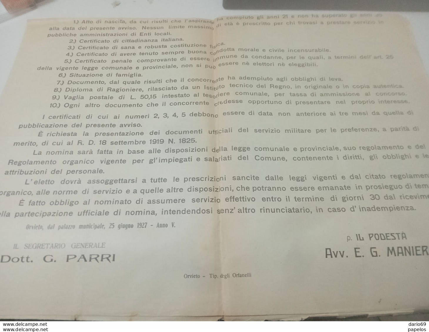 1927 COMUNE DI  ORVIETO CONCORSO AL POSTO DI RAGIONIERE - Documents Historiques