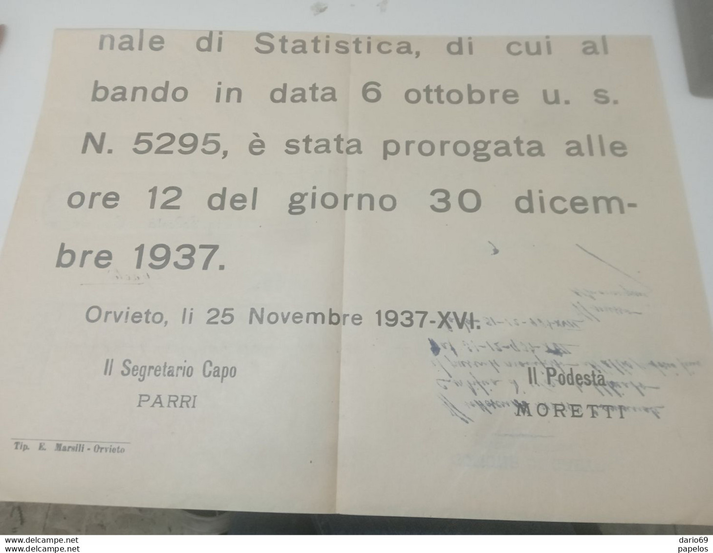 1937 COMUNE DI  ORVIETO PROROGA DEL CONCORSO PER IL POSTO DI CAPO UFFICIO DI STATISTICA - Historical Documents