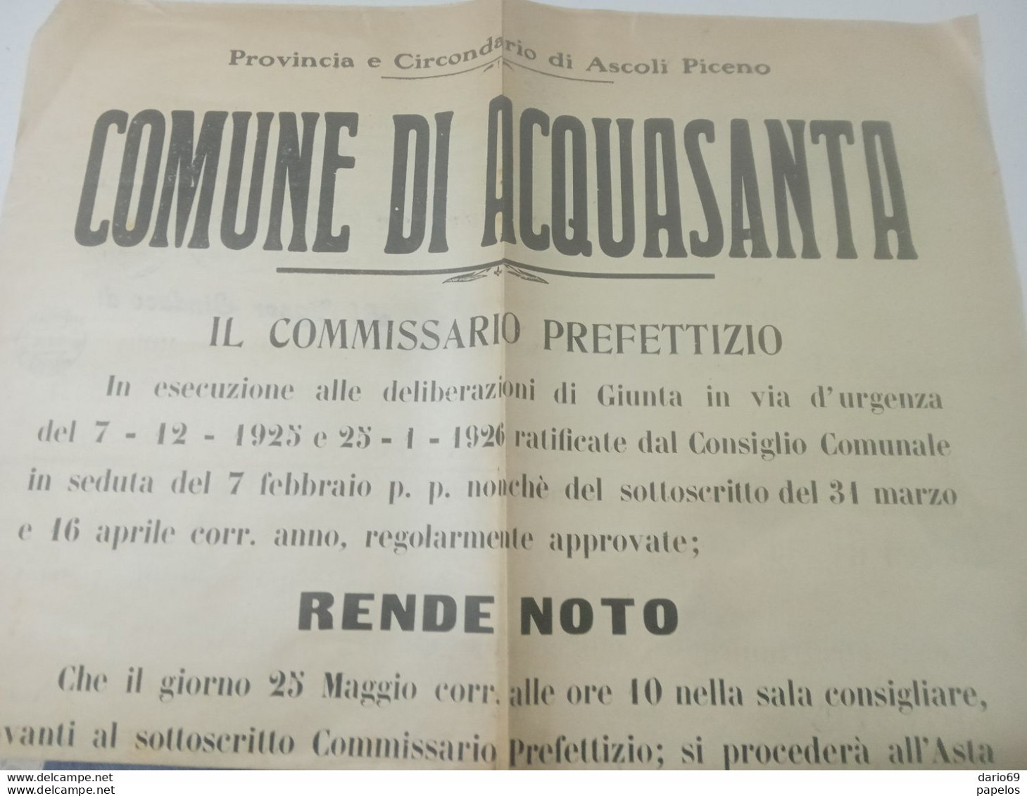 1926 COMUNE DI ACQUASANTA  ASCOLI PICENO - Documents Historiques