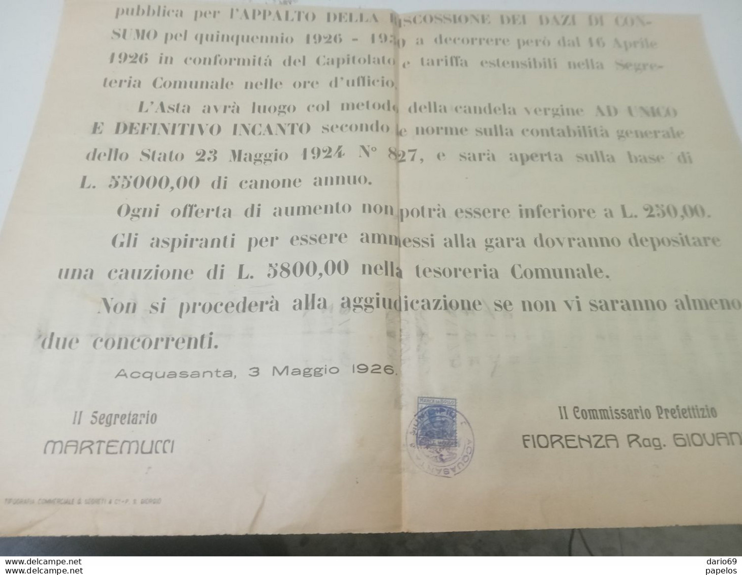 1926 COMUNE DI ACQUASANTA  ASCOLI PICENO - Historical Documents