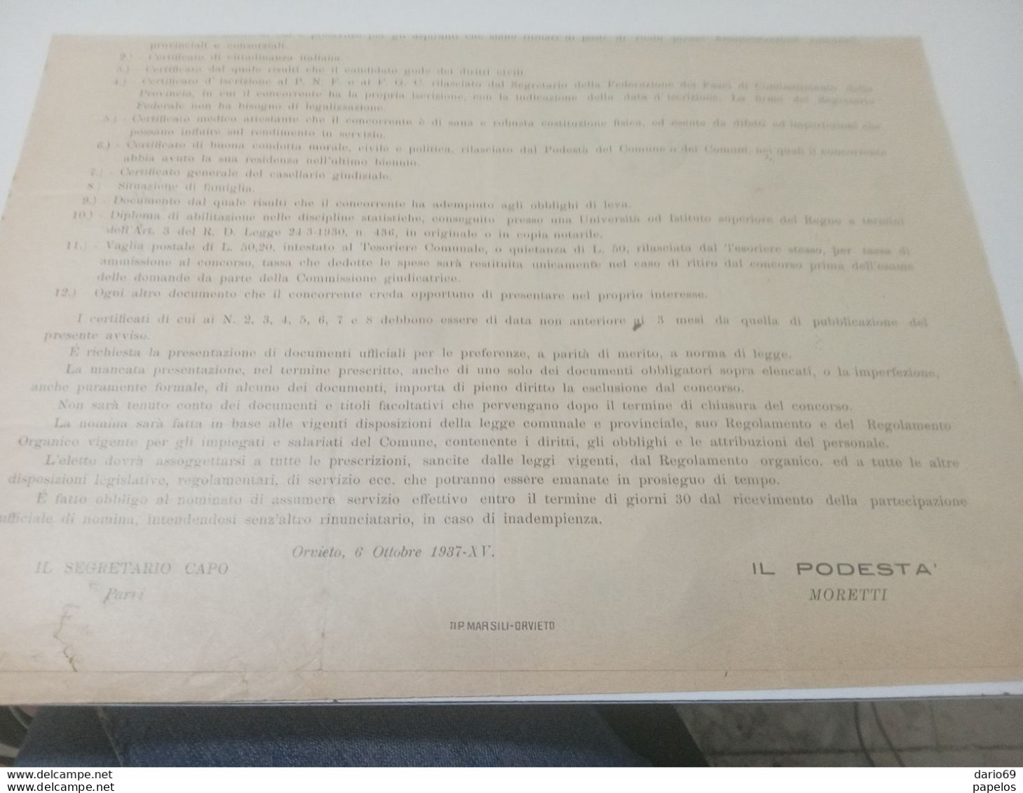 1937 COMUNE DI  ORVIETO CONCORSO PER IL POSTO DI CAPO UFFICIO DI STATISTICA - Documents Historiques