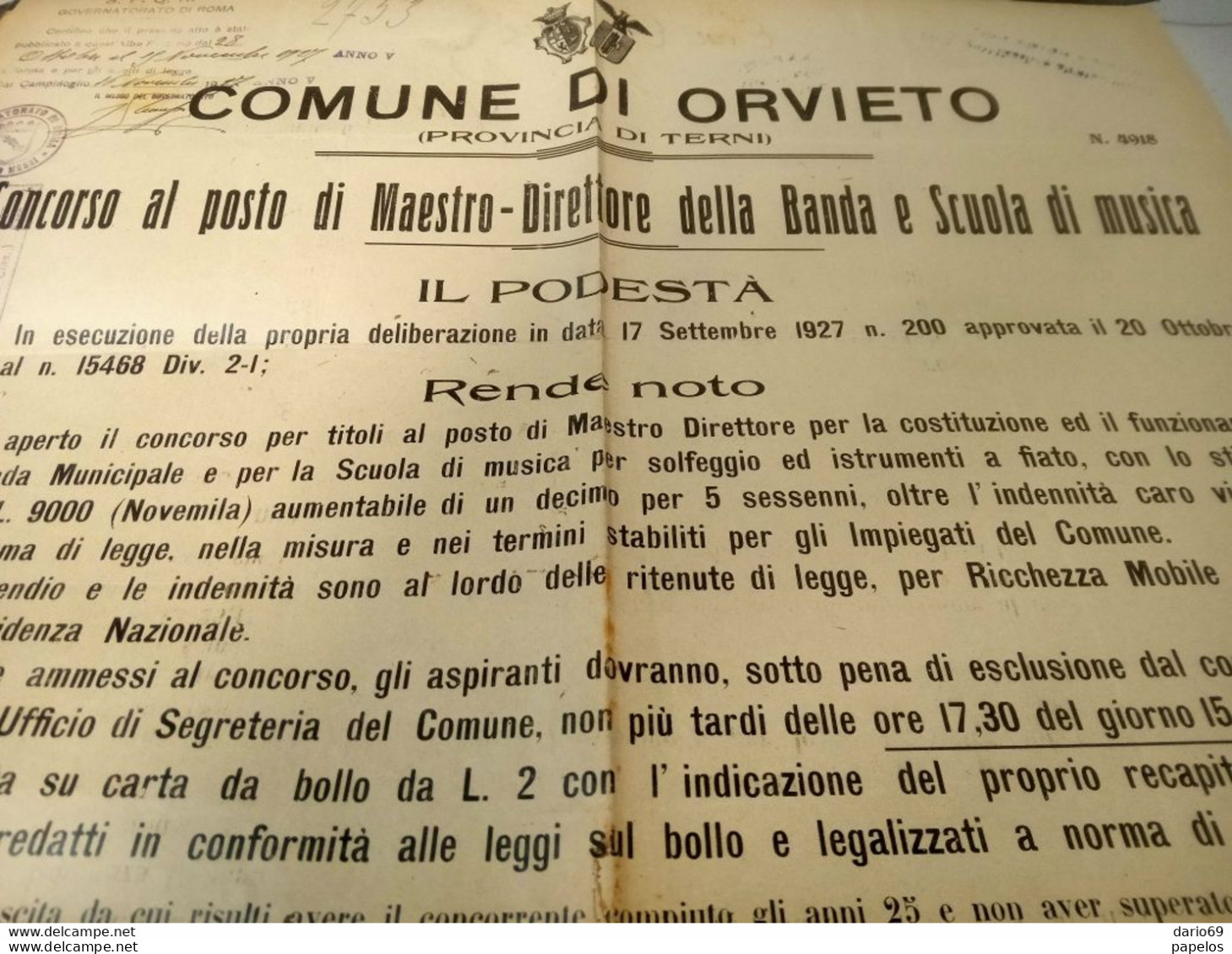 1927  MANIFESTO CON ANNULLO ORVIETO CONCORSO AL POSTO DI MAESTRO - DIRETTORE DELLA SCUOLA DI MUSICA E DELLA BANDA COMUNA - Documents Historiques