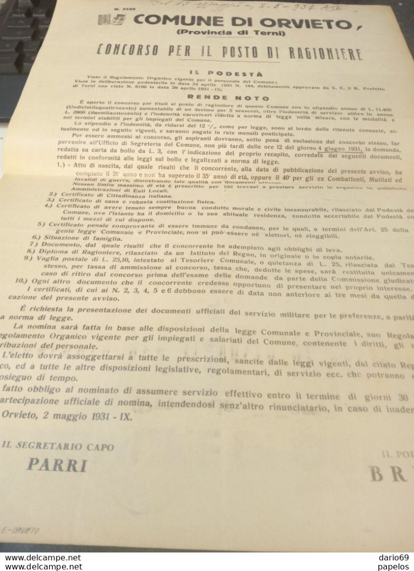 1931 MANIFESTO CON ANNULLO ORVIETO CONCORSO POSTO RAGIONIERE - Marcofilía