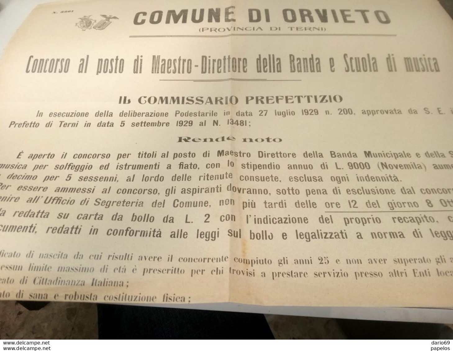 1929  MANIFESTO ORVIETO CONCORSO AL POSTO DI MAESTRO - DIRETTORE DELLA BANDA E SCUOLA DI MUSICA - Documenti Storici