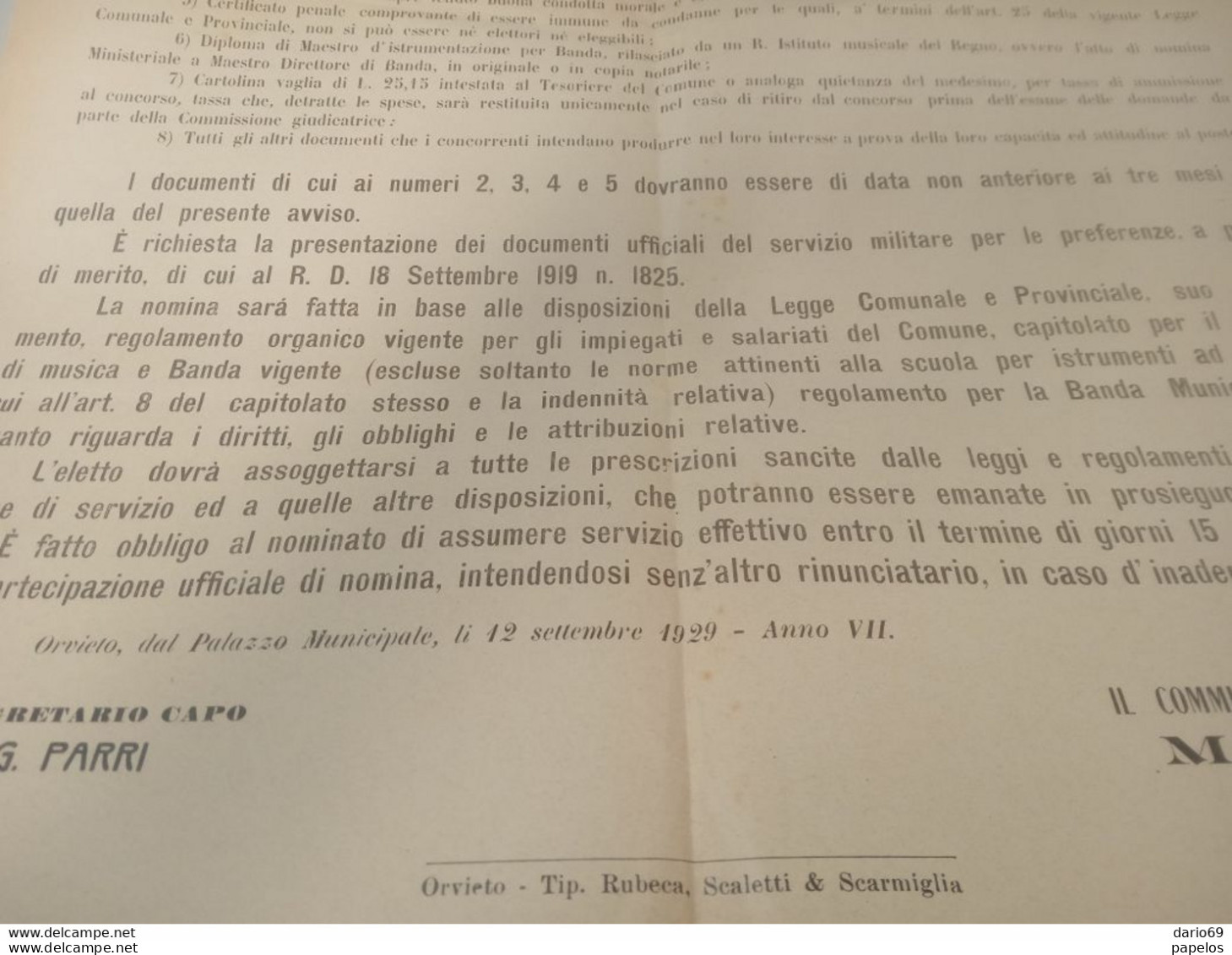 1929  MANIFESTO ORVIETO CONCORSO AL POSTO DI MAESTRO - DIRETTORE DELLA BANDA E SCUOLA DI MUSICA - Documenti Storici
