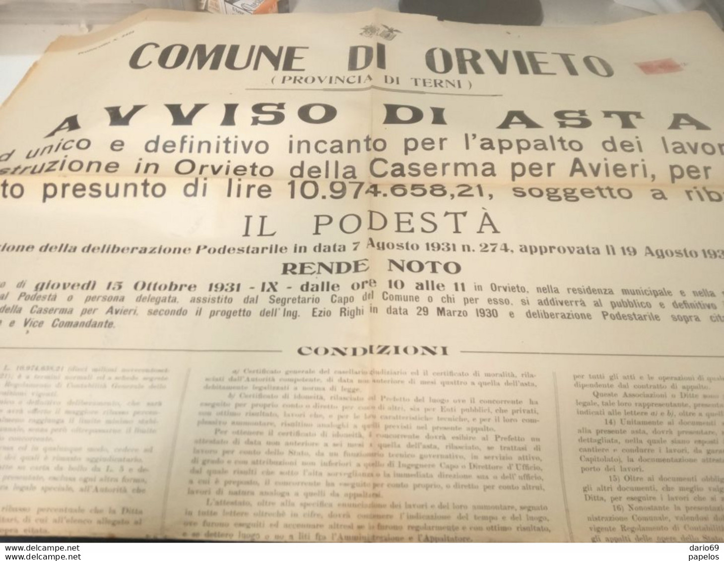 1931 ORVIETO AVVISO DI ASTA PER LA COSTRUZIONE DELLA CASERMA PER AVIERI - Historical Documents