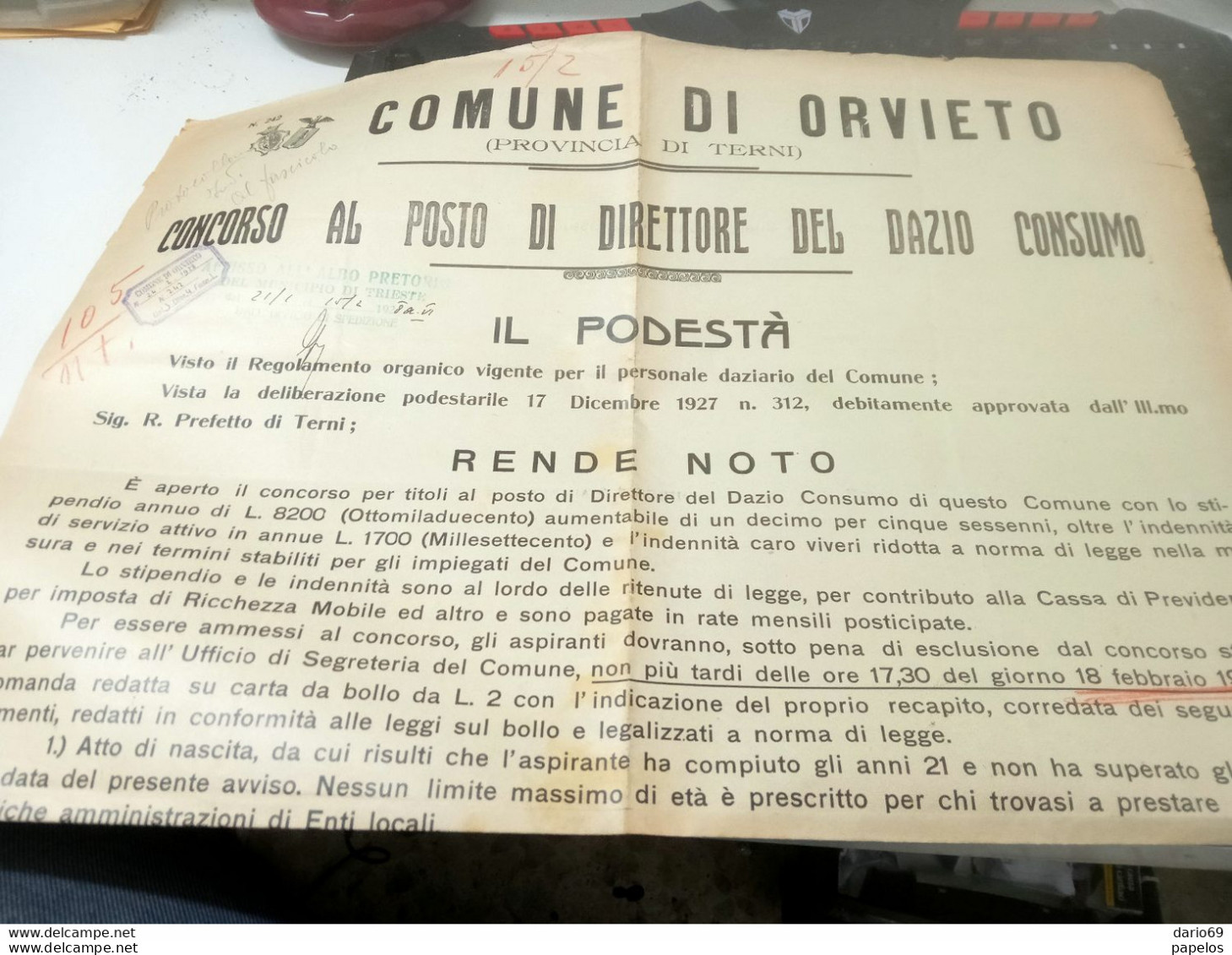 1928  MANIFESTO CON ANNULLO ORVIETO - AVVISO DI CONCORSO - Historical Documents