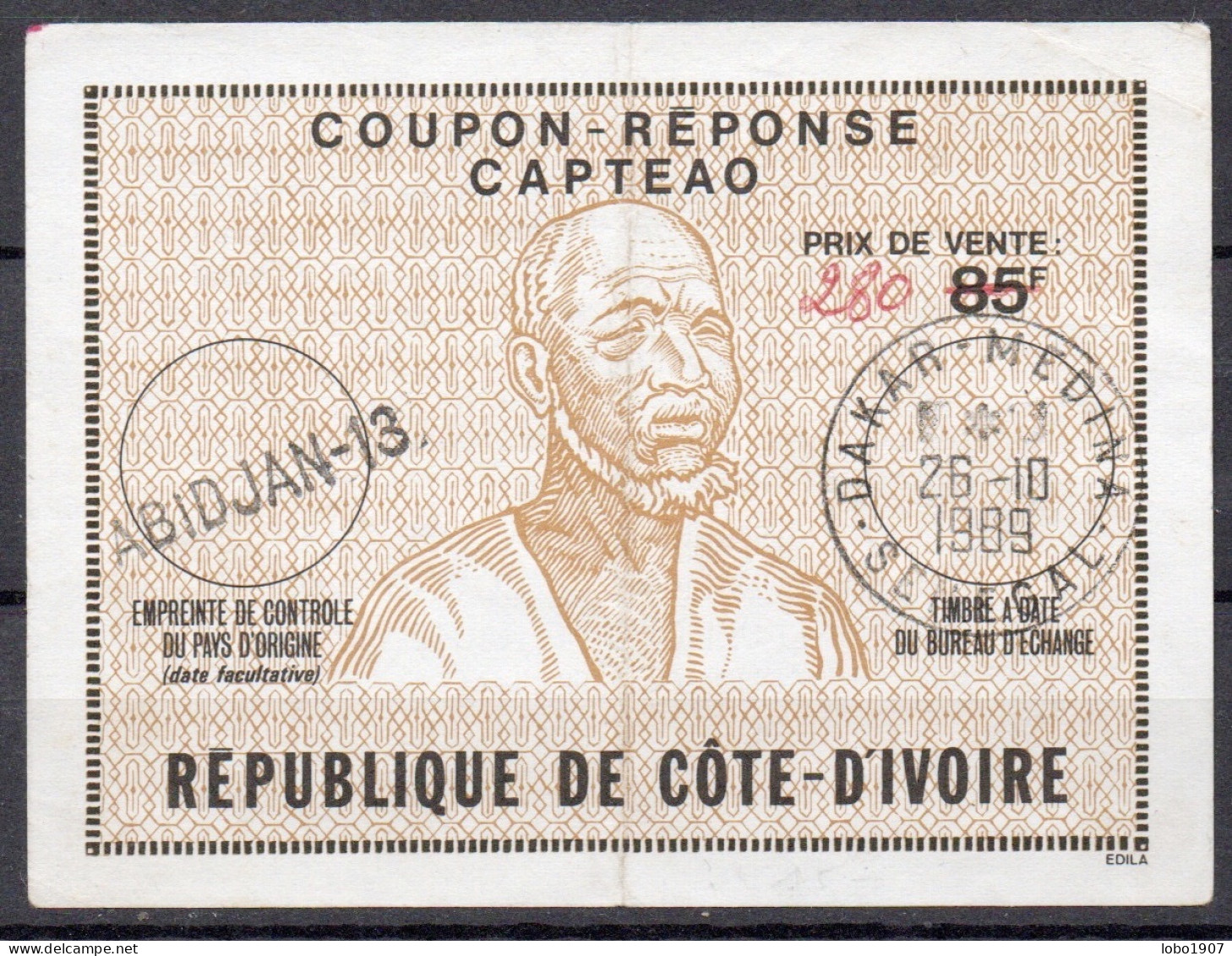 RÉPUBLIQUE DE CÔTE D'IVOIRE  Ca1  280 / 85F  CAPTEAO Reply Coupon Reponse Antwortschein IRC IAS O ABIDJAN 13  Redeemed - Côte D'Ivoire (1960-...)
