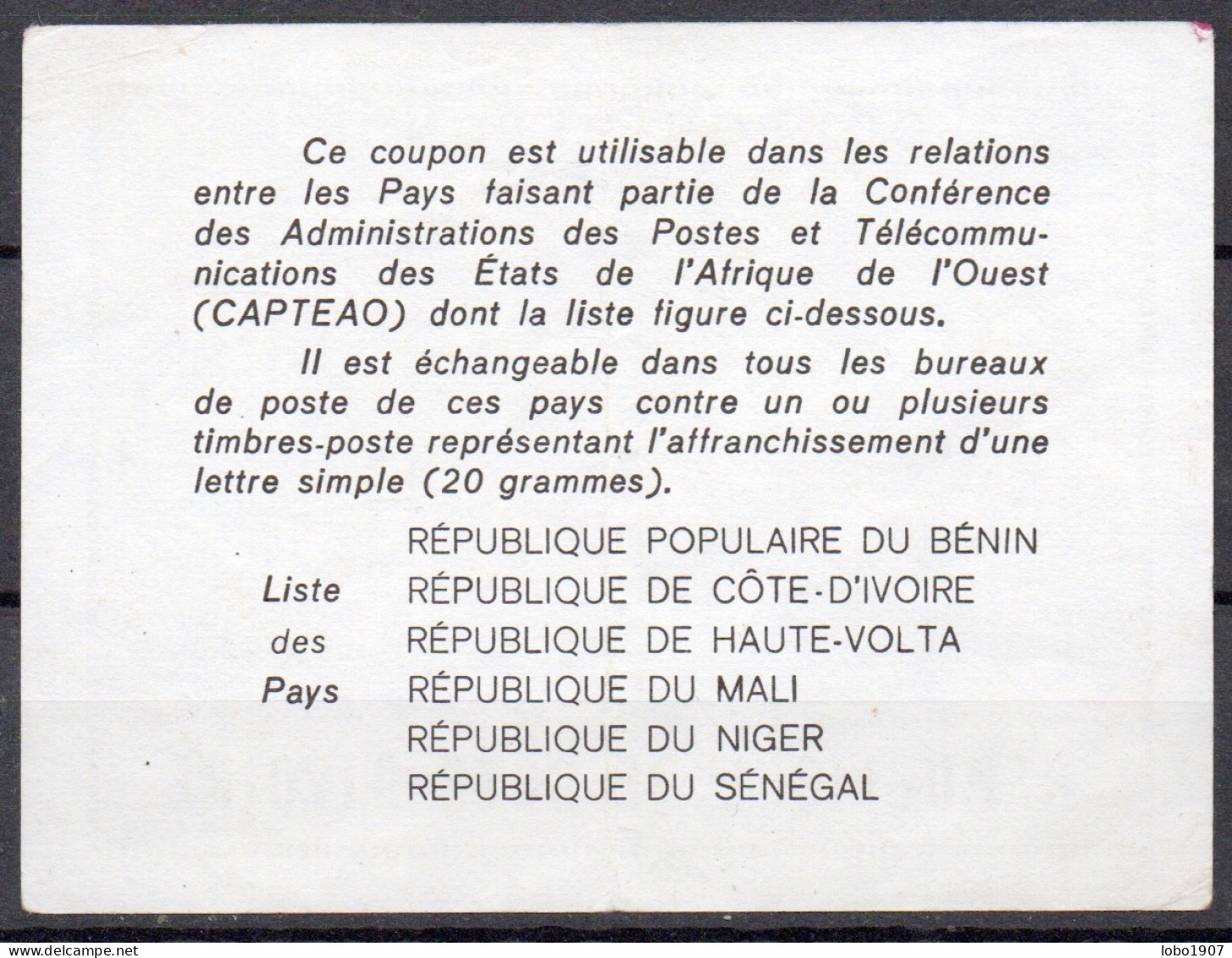 RÉPUBLIQUE DE CÔTE D'IVOIRE  Ca1  280 / 85F  CAPTEAO Reply Coupon Reponse Antwortschein IRC IAS O ABIDJAN 13  Redeemed - Costa D'Avorio (1960-...)