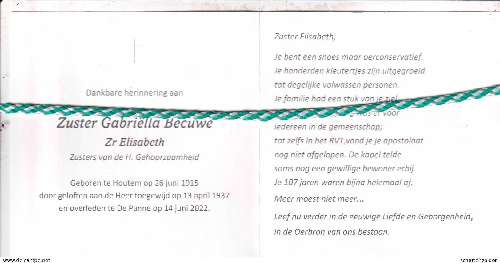 Zuster Elisabeth (Gabriëlla Becuwe), Houtem 1915, De Panne 2022. Honderdjarige; Foto - Obituary Notices