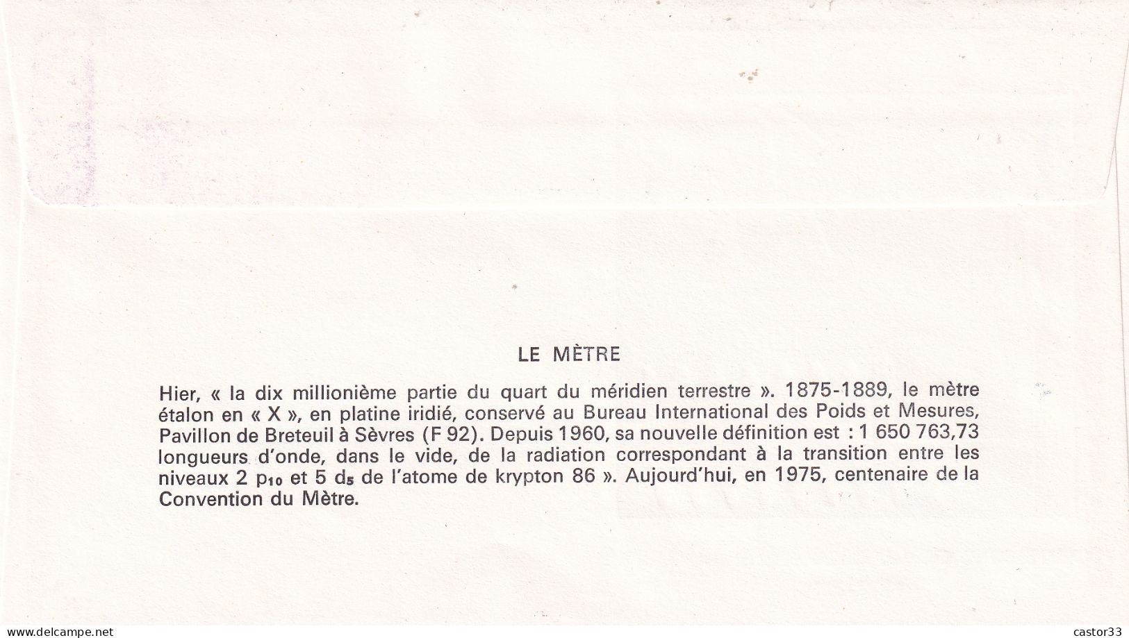 1er Jour, Centenaire De La Convention Du Mètre - 1970-1979