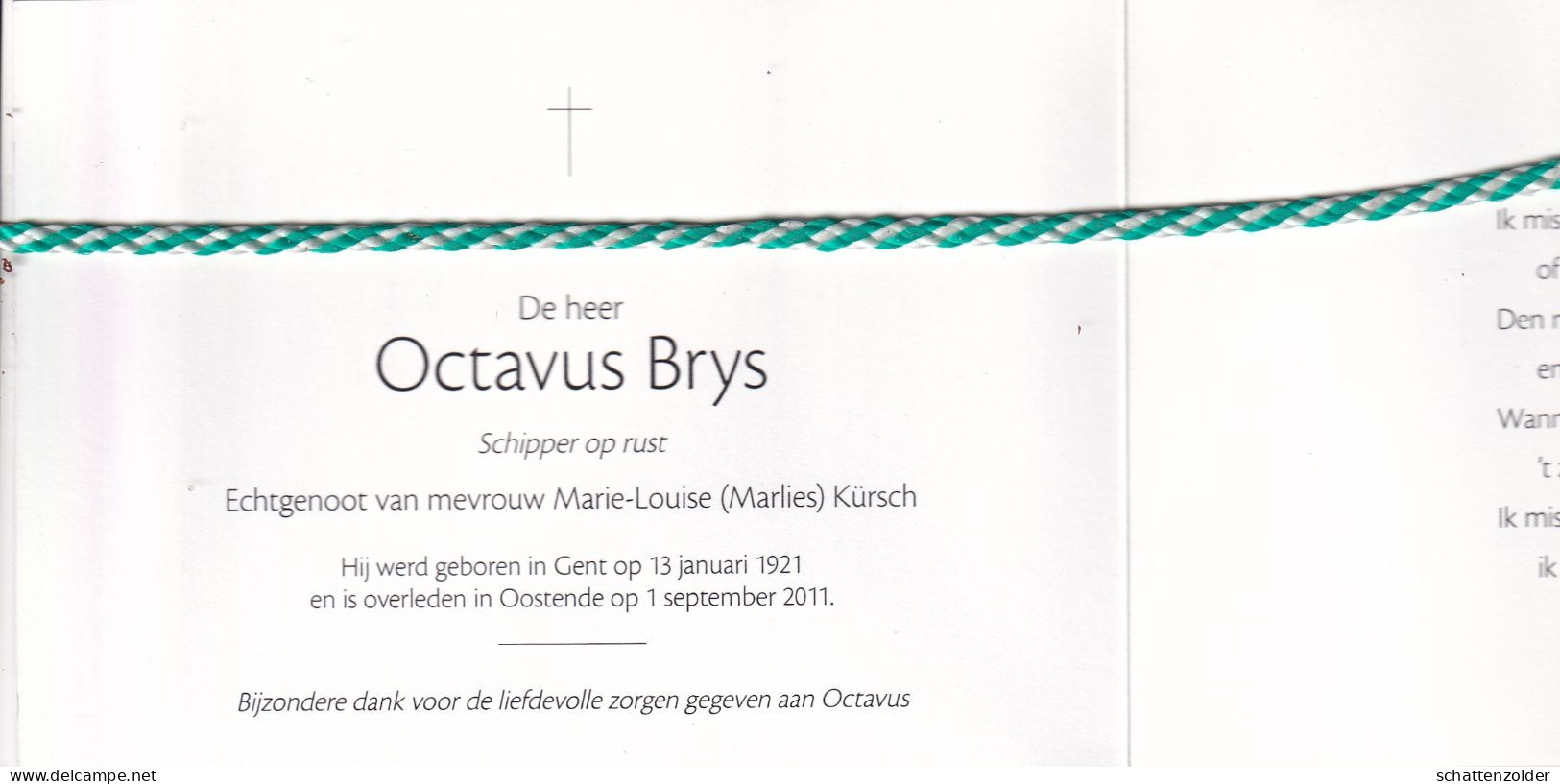 Octavus Brys-Kürsch, Gent 1921, Oostende 2011. Schipper O.r. Foto Boot - Overlijden