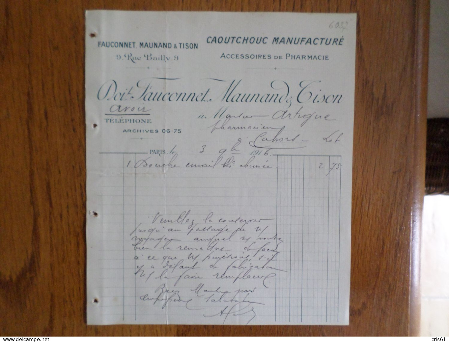 75 PARIS - Facture FAUCONNET MAUNAND & TISON, Caoutchouc Manufacturé, 1916 - 1900 – 1949
