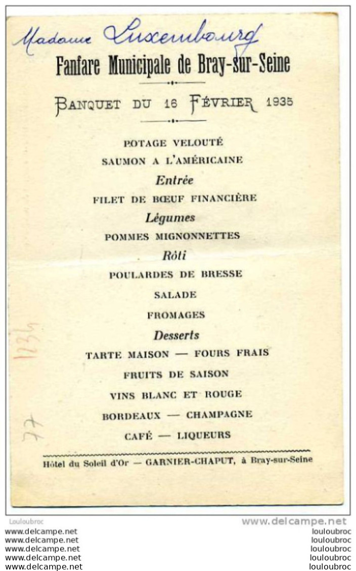 77 BRAY SUR SEINE HOTEL RESTAURANT DU SOLEIL D'OR BANQUET FANFARE MUNICIPALE 16 FEVRIER 1935 - Bray Sur Seine