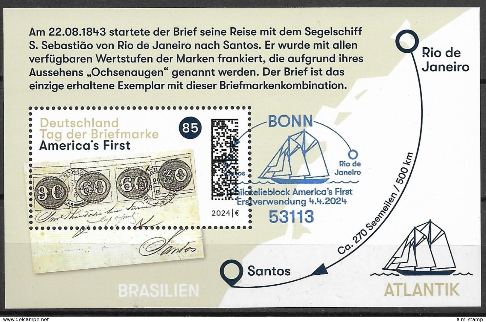 2024  Deutschland Germany Mi. Bl.  93 Used   Tag Der Briefmarke " America's First " - Usados