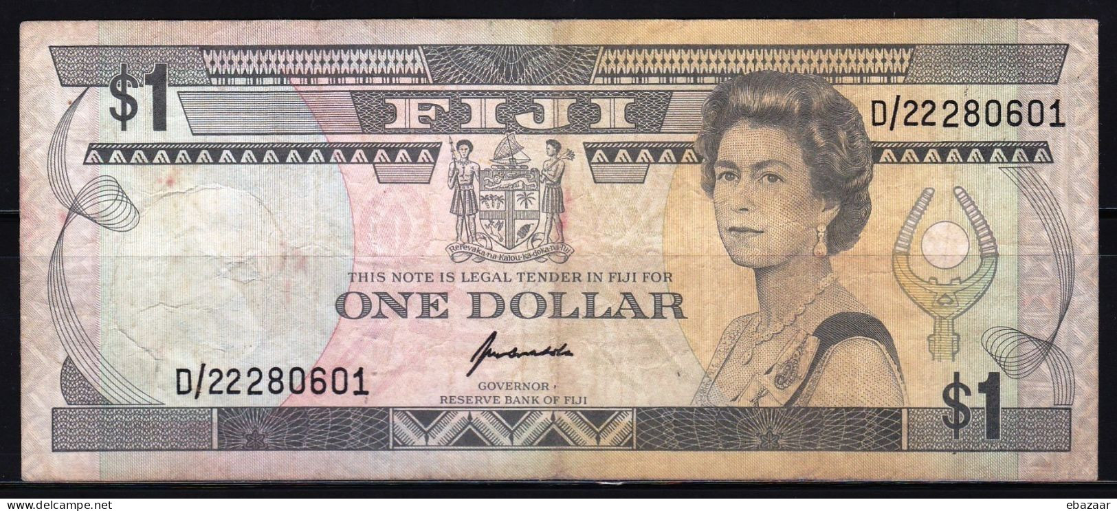 Fiji 1993 Queen Elizabeth II $1 Dollar Banknote P-89a Circulated + FREE GIFT - Fidji