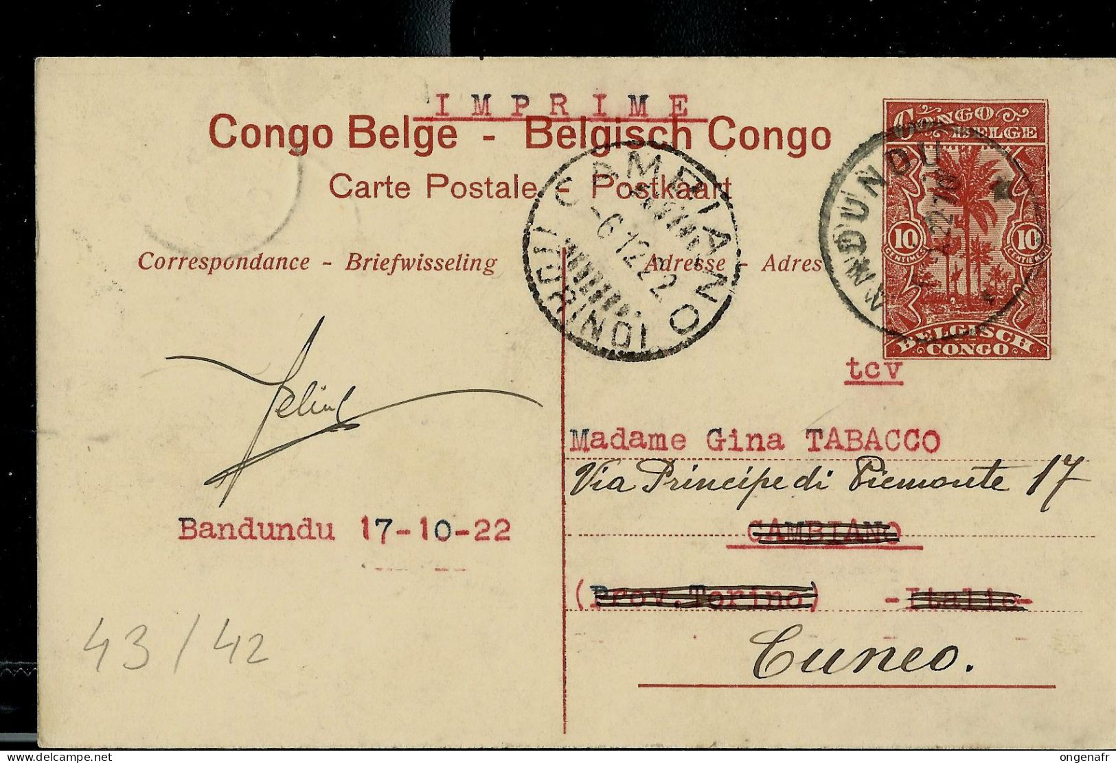 Carte Avec Vue: N° 43 - 42 ( Le Lualaba: Entrée Des Gorges De Zilo (Katanga) Obl. BANDUNDU - 17/10/1922 - Stamped Stationery