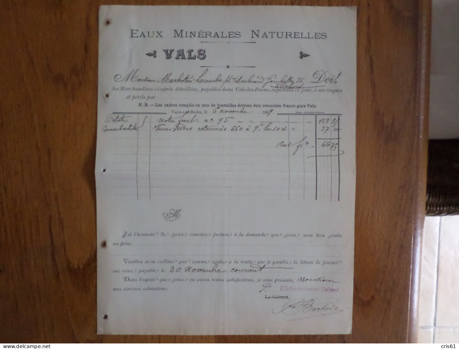 07 VALS LES BAINS - Facture EAUX MINERALES NATURELLES VALS, Novembre 1899 - 1800 – 1899