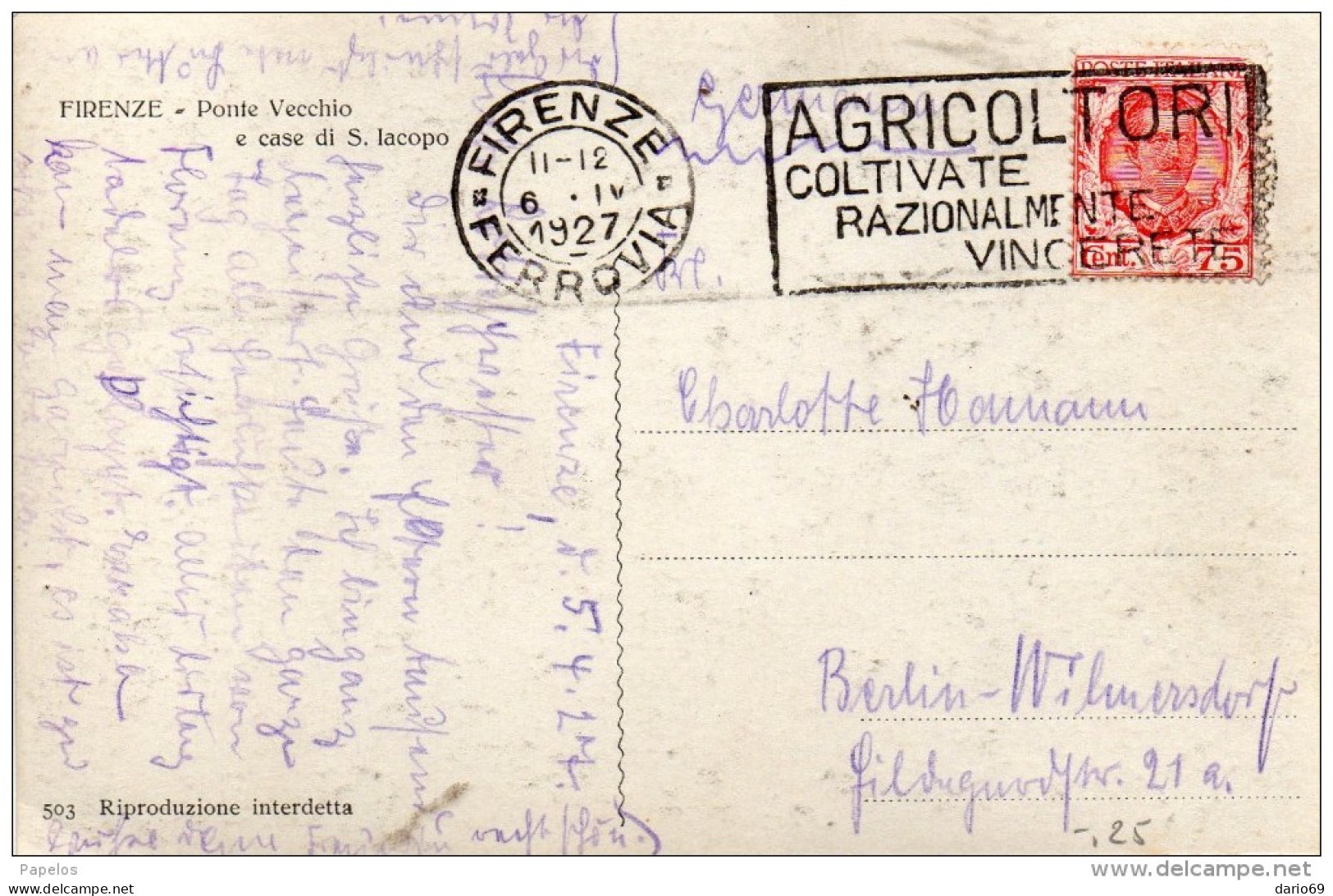 1927 FIRENZE + TARGHETTA - AGRICOLTORI COLTIVATE RAZIONALMENTE VINCERETE - Storia Postale