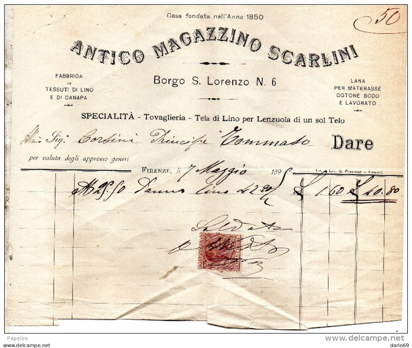 1899 FIRENZE  FABBRICA DI TESSUTI DI LINO E DI CANAPA - Italie