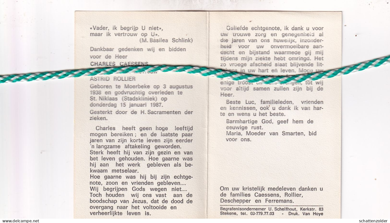 Charles Caessens-Rollier, Moerbeke 1938, Sint-Niklaas 1987 - Overlijden