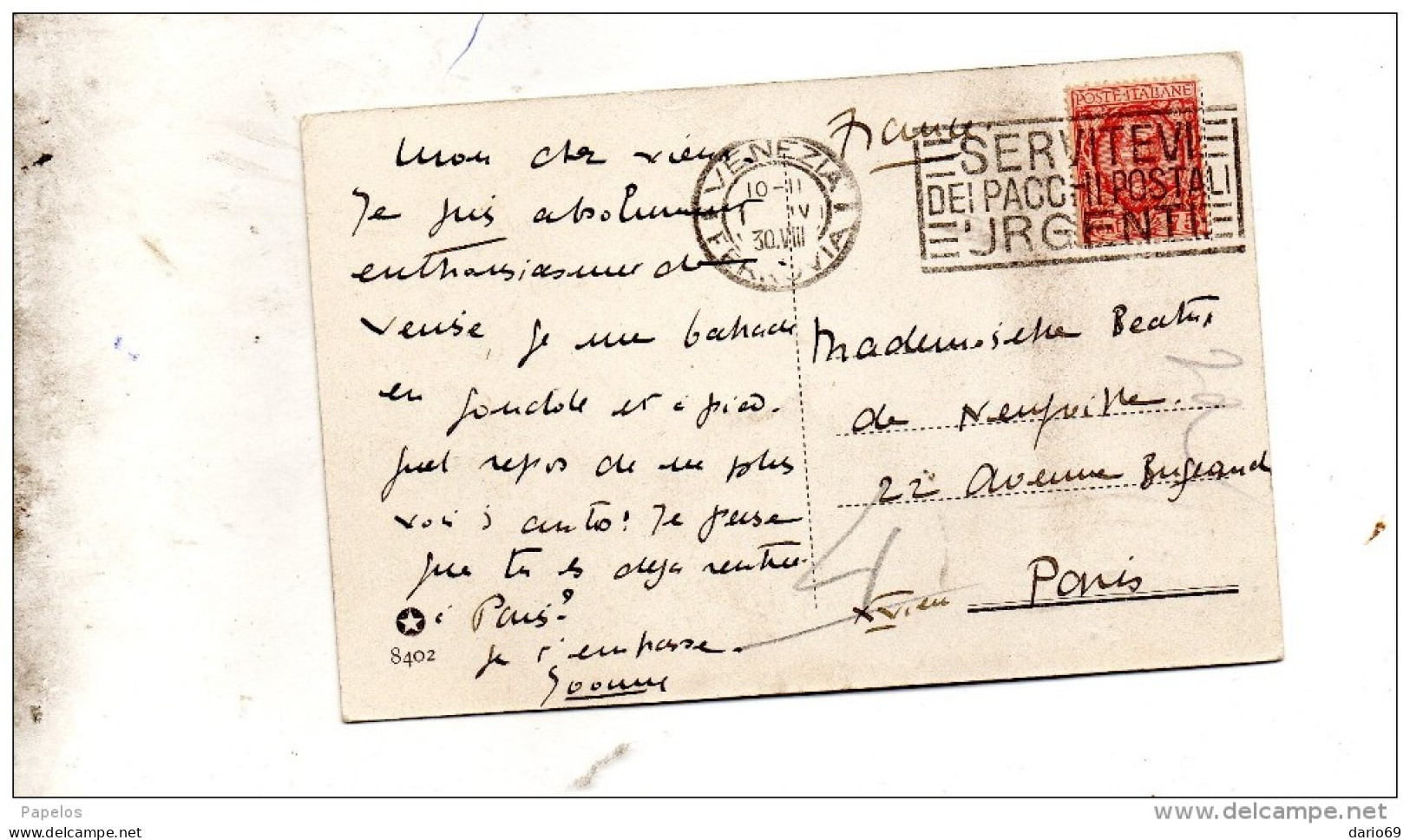 1930   CARTOLINA CON ANNULLO VENEZIA + TARGHETTA SERVITEVI DEI PACCHI POSTALI URGENTI - Marcophilie
