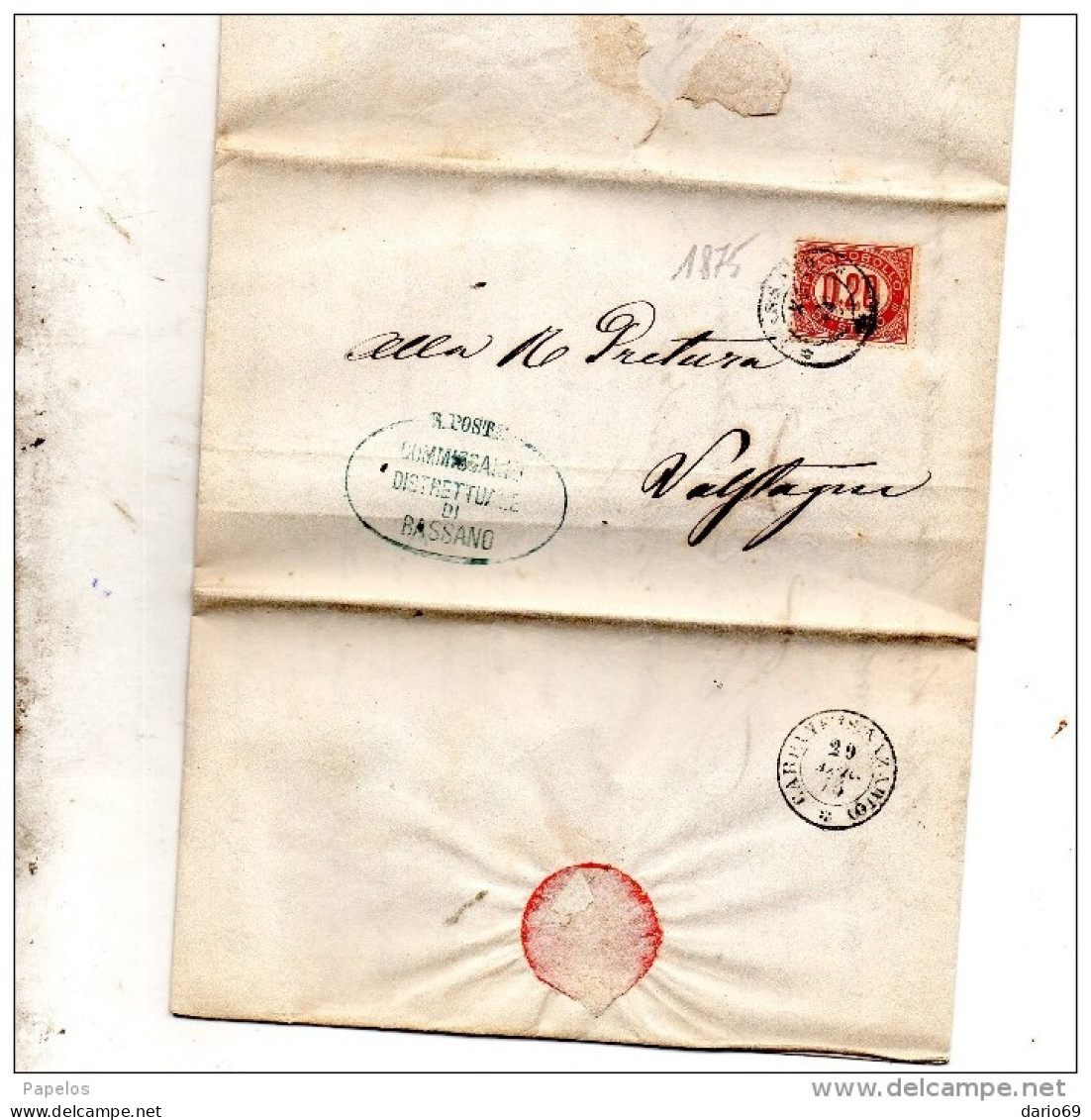 1875 LETTERA CON ANNULLO BASSANO + Carpanè San Nazario VICENZA - Fiscaux