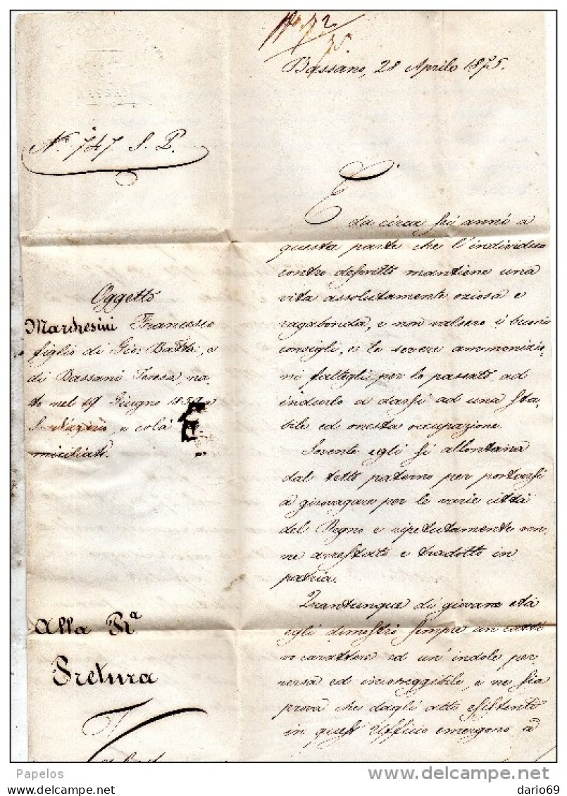 1875 LETTERA CON ANNULLO BASSANO + Carpanè San Nazario VICENZA - Revenue Stamps
