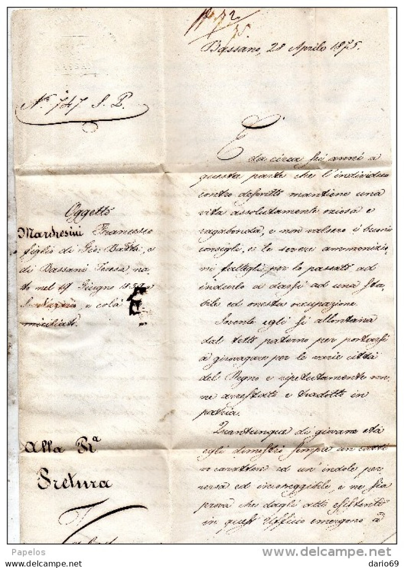 1875 LETTERA CON ANNULLO BASSANO + Carpanè San Nazario VICENZA - Fiscaux