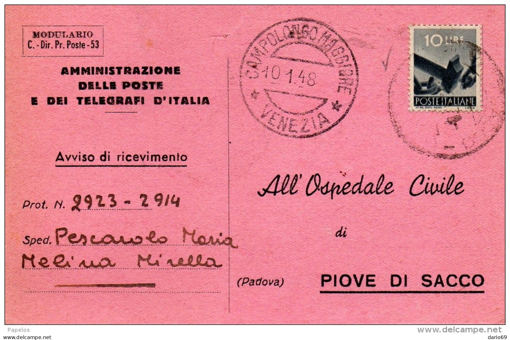 1948  RICEVUTA DI RITORNO CON ANNULLO CAMPOLONGO MAGGIORE VENEZIA - 1946-60: Marcophilia