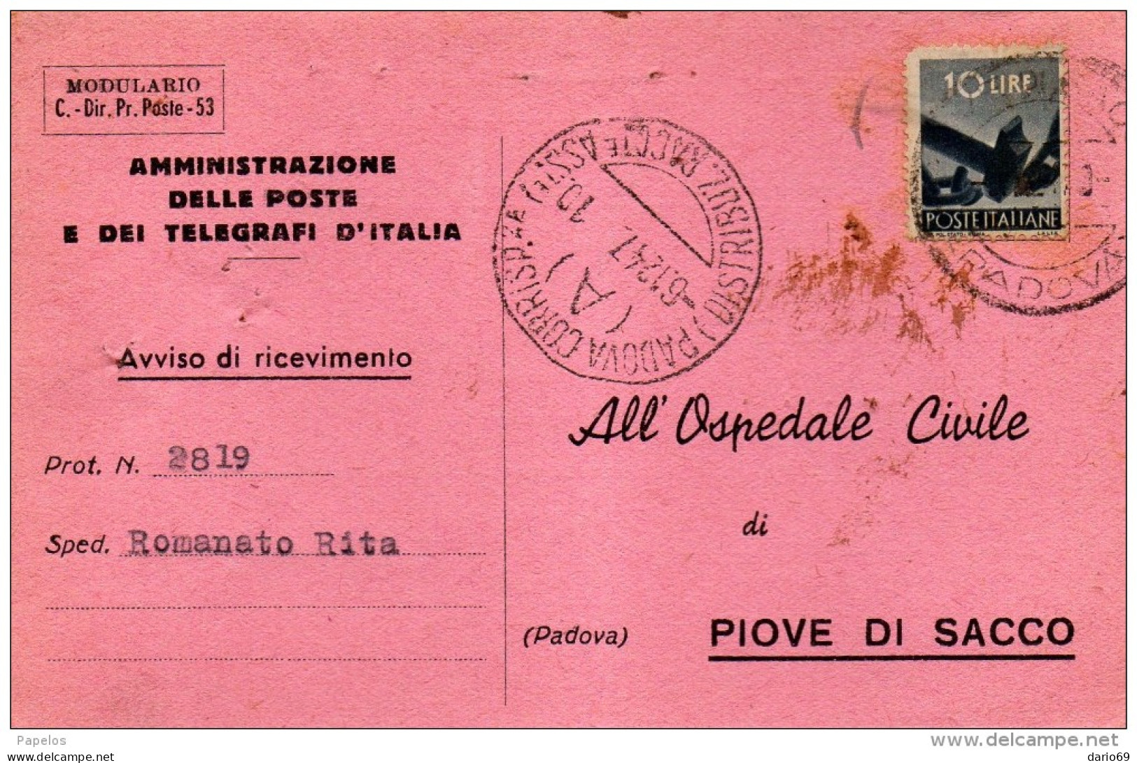 1947 RICEVUTA DI RITORNO CON ANNULLO PADOVA - 1946-60: Marcophilia