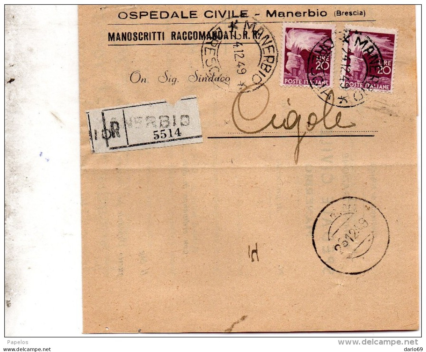 1949 LETTERA  CON ANNULLO MANERBIO BRESCIA - 1946-60: Marcophilia