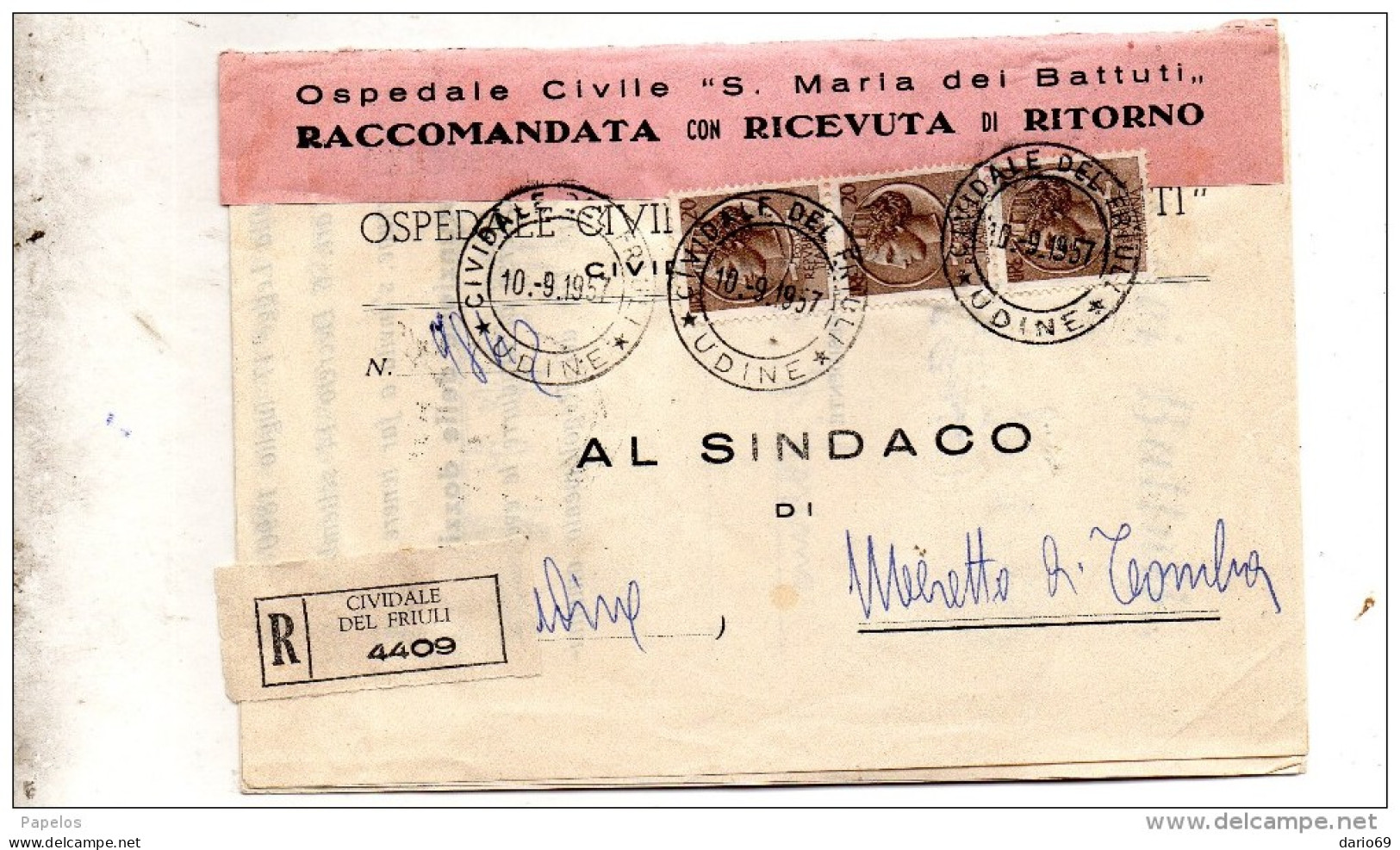 1957 LETTERA  RACCOMANDATA  CON ANNULLO CIVIDALE DEL FRIULI UDINE - 1946-60: Marcophilia