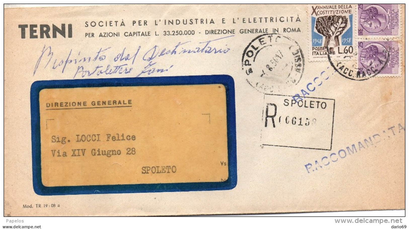 1956 LETTERA  RACCOMANDATA  CON ANNULLO SPOLETO - 1946-60: Marcophilia