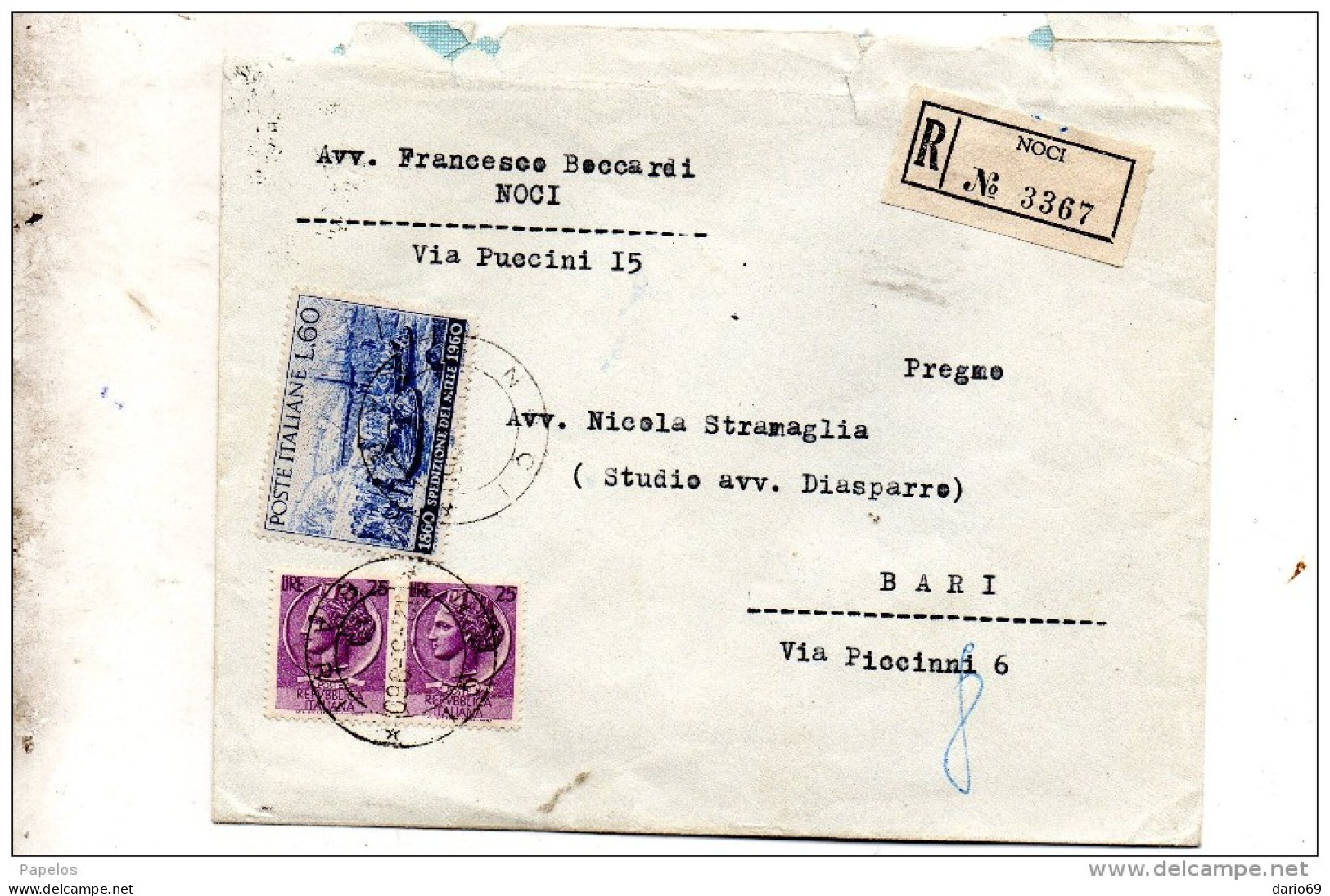 1960  LETTERA RACCOMANDATA  CON ANNULLO NOCI BARI - 1946-60: Marcophilia