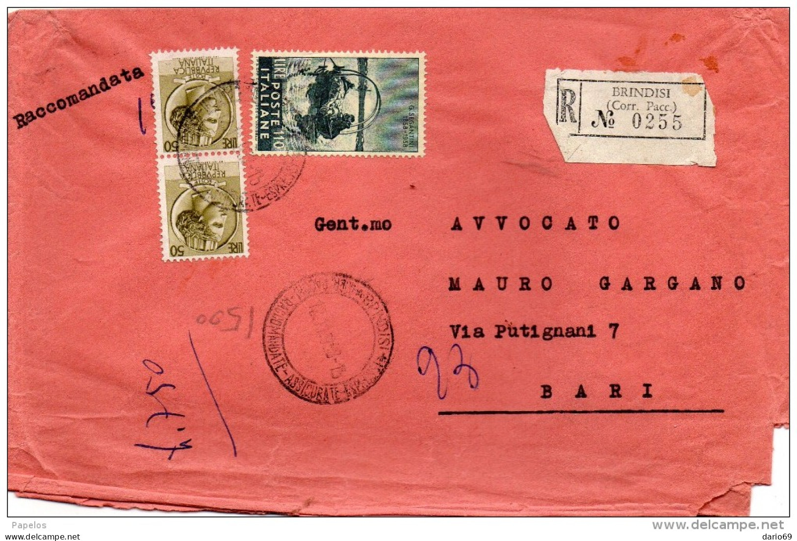 1958 LETTERA RACCOMANDATA  CON ANNULLO BRINDISI - 1946-60: Marcophilie