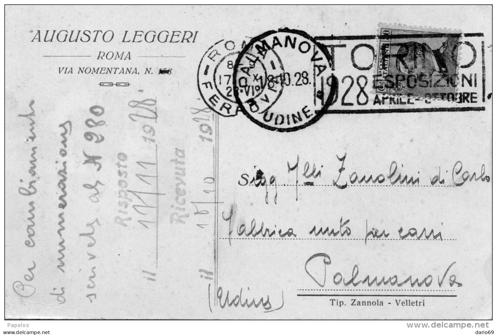 1928 CARTOLINA CON ANNULLO  ROMA +   PALMANOVA UDINE  + TARGHETTA - TORINO 1928 ESPOSIZIONE - Marcofilie