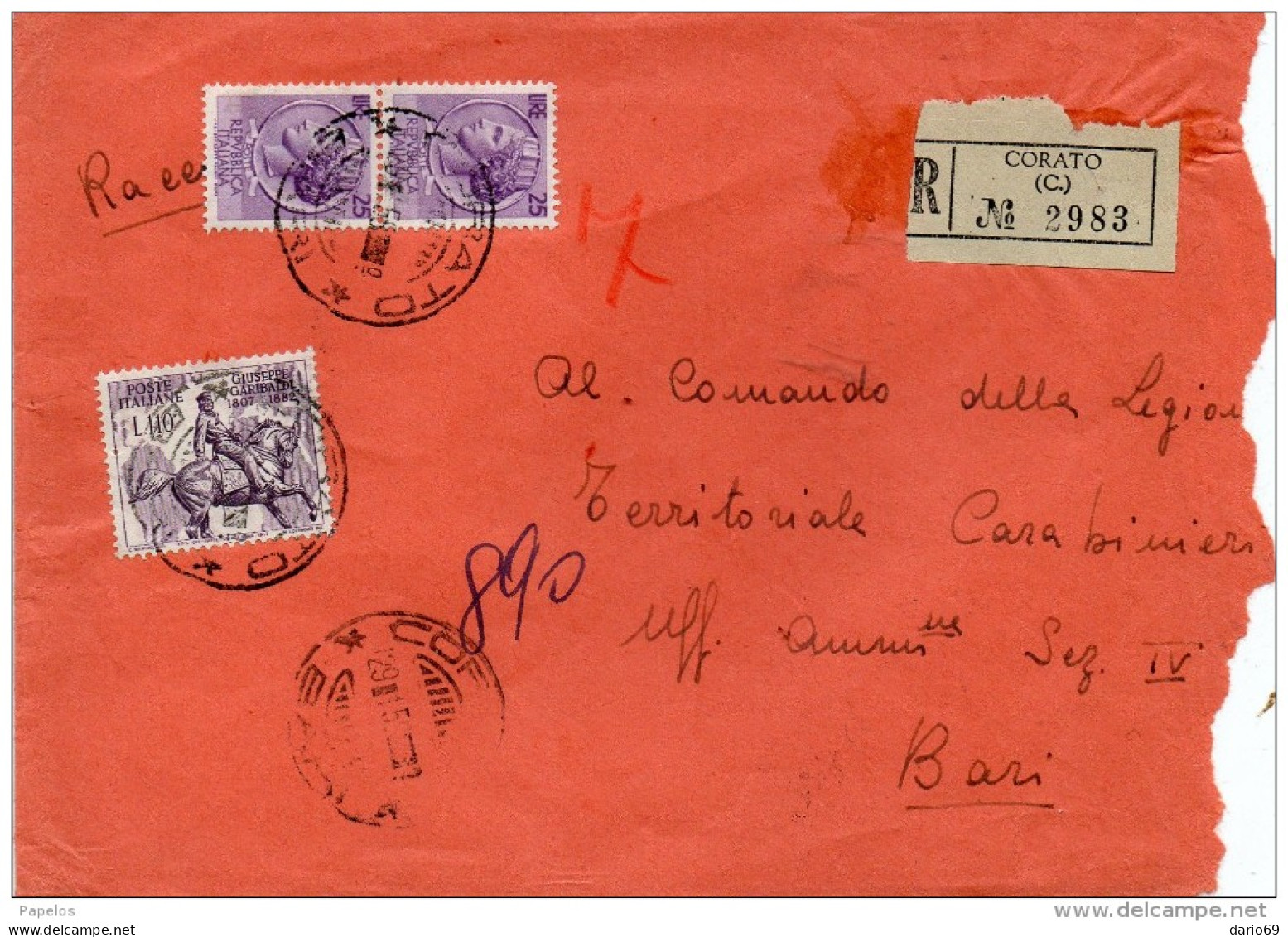 1959 LETTERA RACCOMANDATA  CON ANNULLO  CORATO BARI - 1946-60: Marcophilia