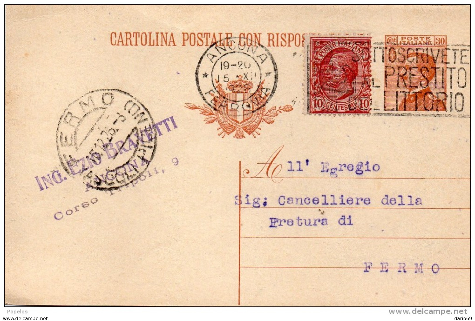 1926 CARTOLINA CON ANNULLO ANCONA + TARGHETTA SOTTOSCRIVETE IL PRESTITO DEL LITTORIO - Stamped Stationery