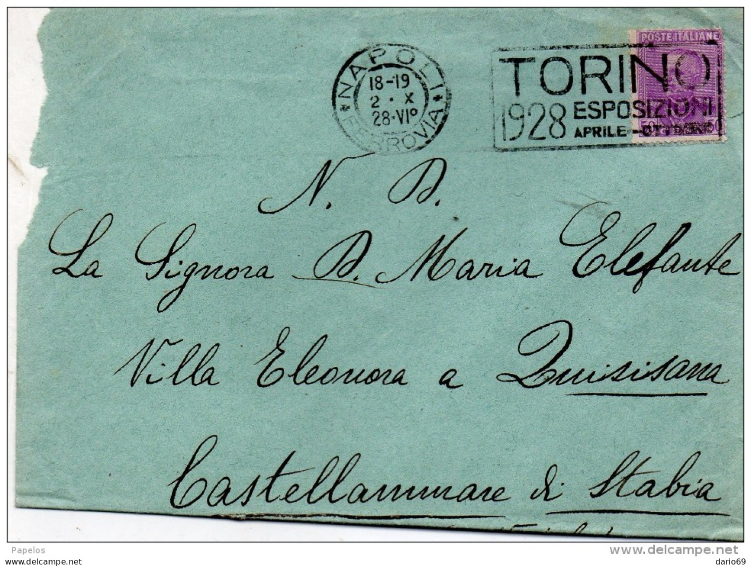 1928 LETTERA CON ANNULLO  NAPOLI + TARGHETTA   TORINO 1928 ESPOSIZIONI - Marcophilie