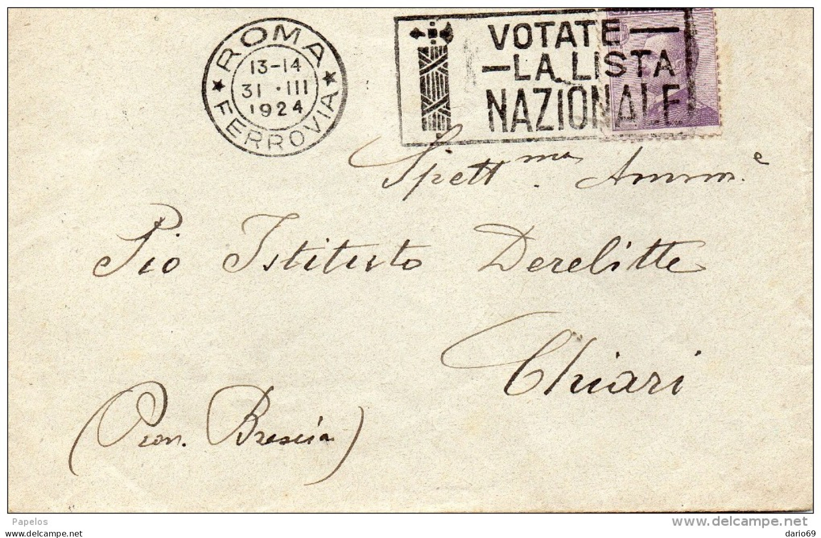 1924 LETTERA  CON ANNULLO ROMA + TARGHETTA VOTATE LA LISTA NAZIONALE - Marcophilie